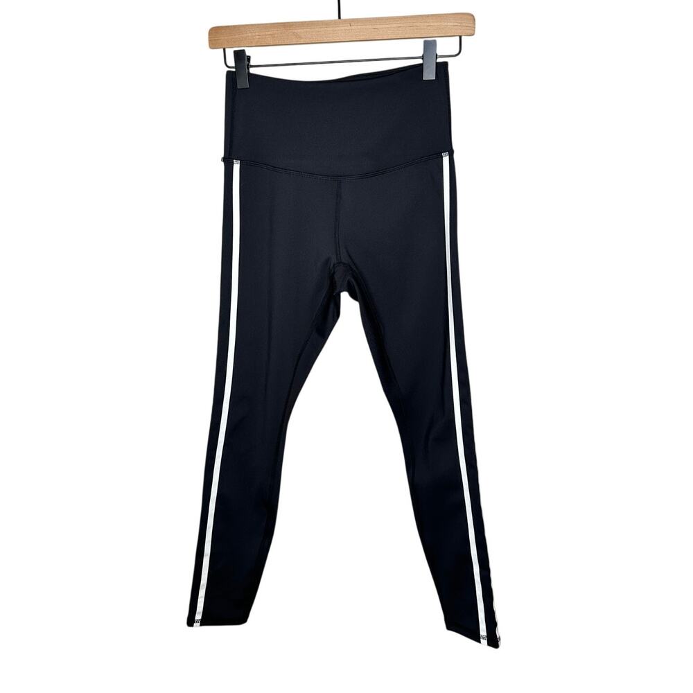 Move Theology Black High Waist Leggings White Stripe Side Women s Small EUC Yoga